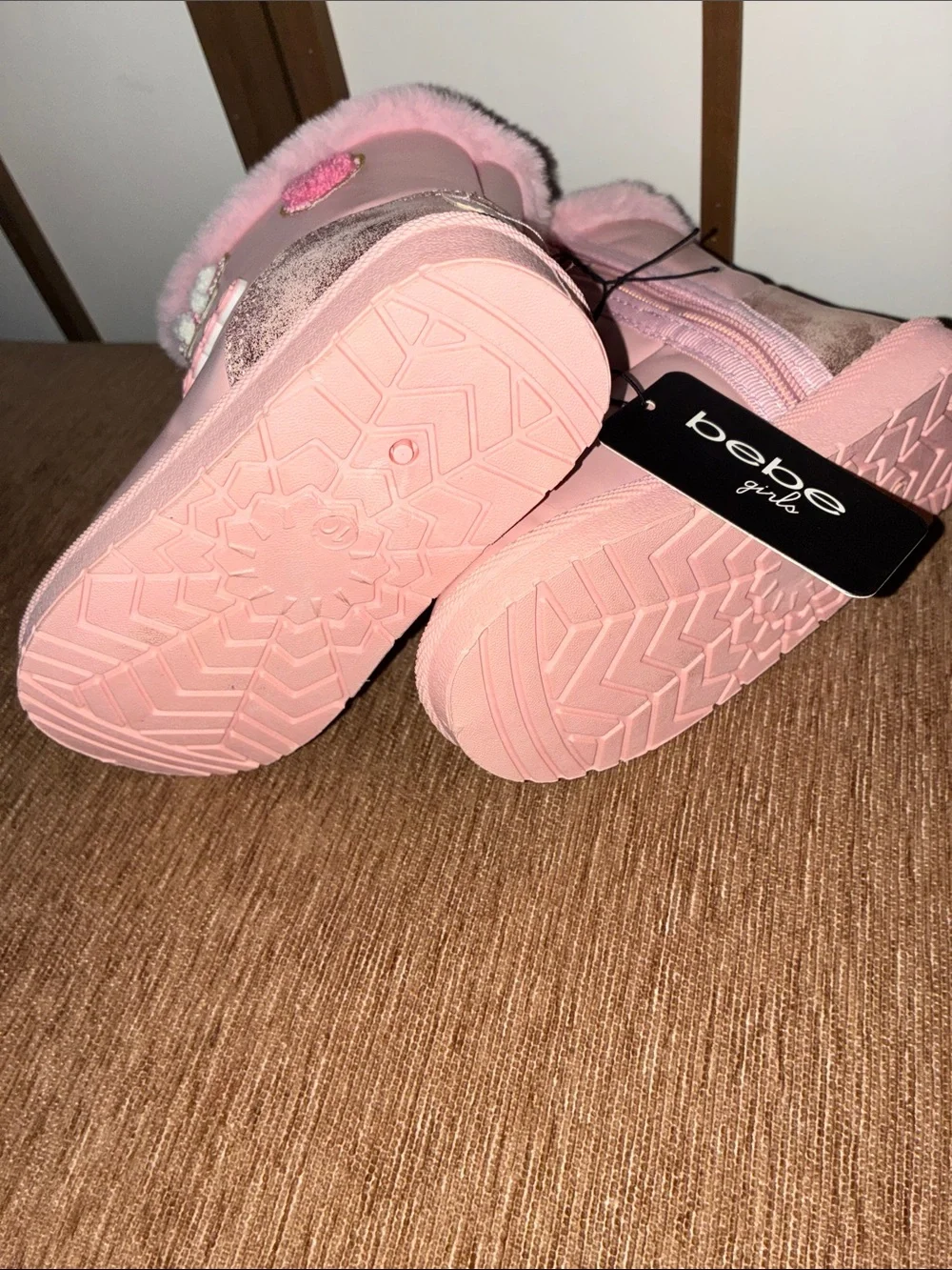 bebe Pink Faux-Fur Trim Butterfly Boots
